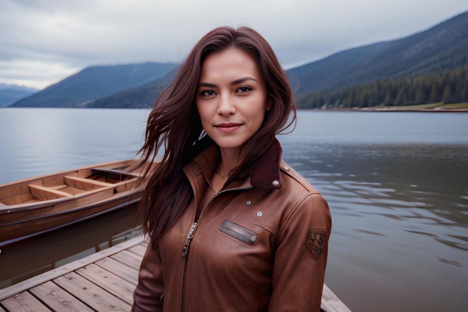A stylish woman in a brown leather jacket showcases her chic Samsonite Encompass Convertible Backpack on a serene lakeside dock with moored wooden boats.