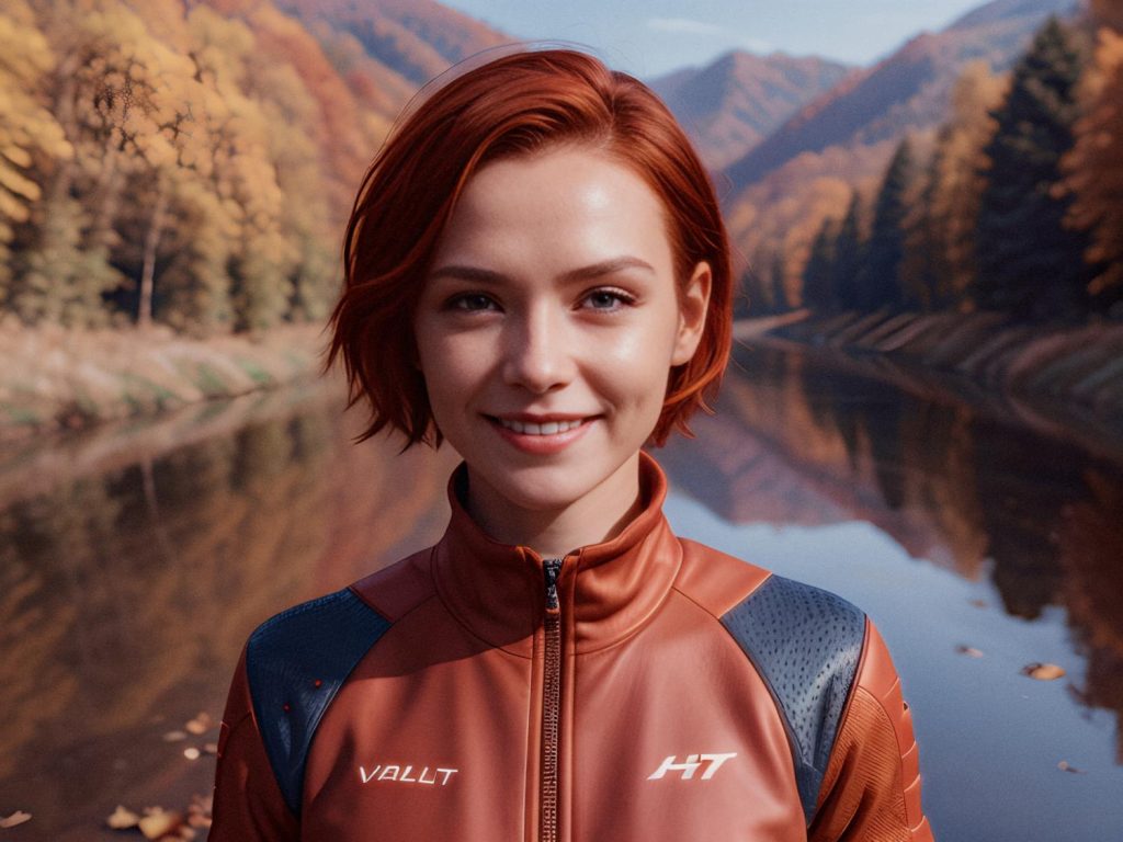 A stylish redhead stands by a serene river, framed by autumn hills, in a trendy orange-gray "VALLT" jacket with a Herschel duffle bag.