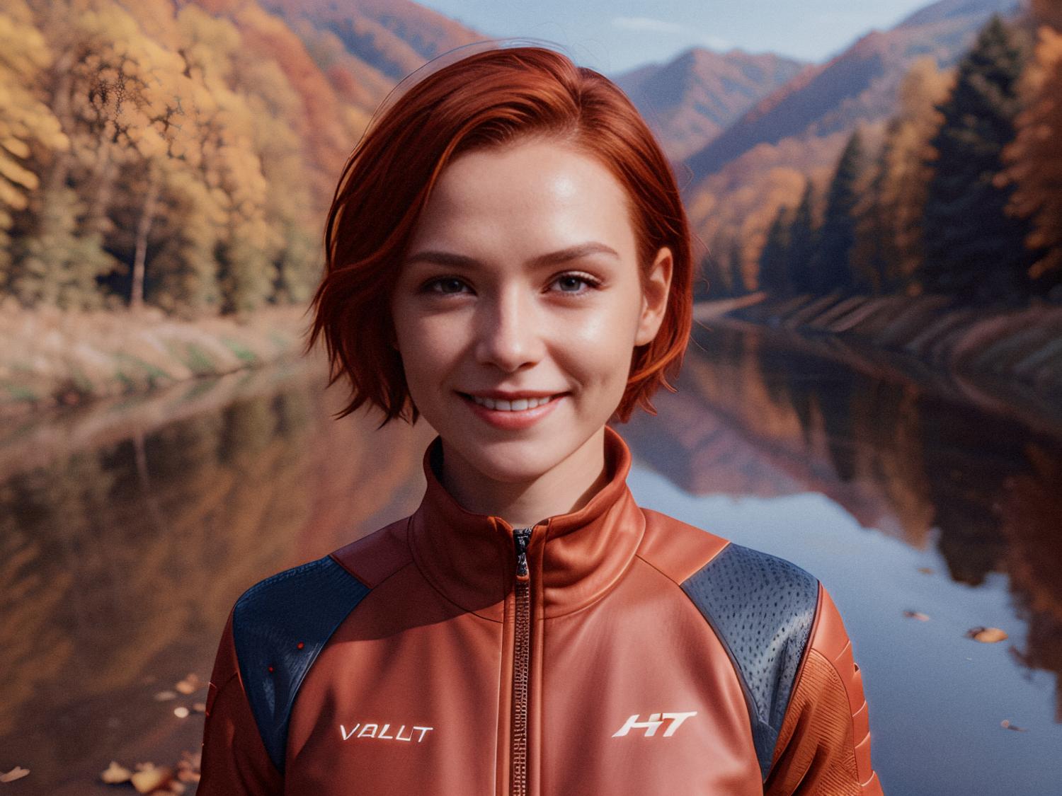 A stylish redhead stands by a serene river, framed by autumn hills, in a trendy orange-gray "VALLT" jacket with a Herschel duffle bag.