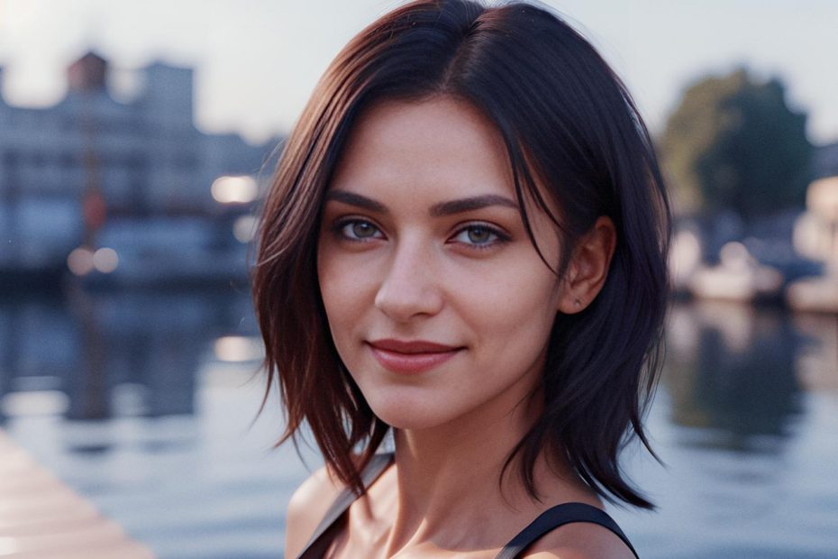 A stylish woman with shoulder-length dark hair exudes effortless elegance, her Perfect Duffle Bag slung over her shoulder. A serene water backdrop completes this fashion-forward moment, glistening under the golden hour light.