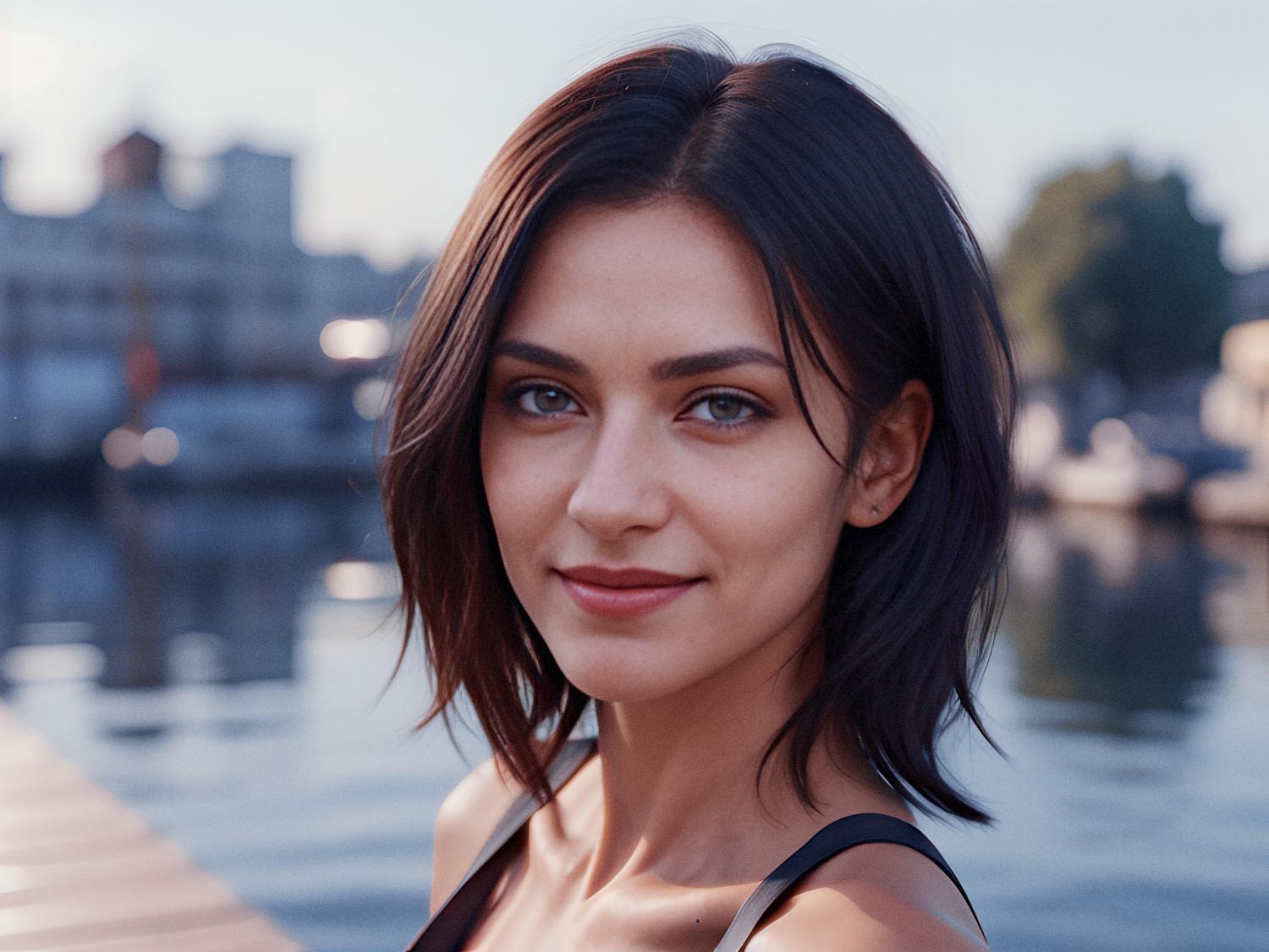 A stylish woman with shoulder-length dark hair exudes effortless elegance, her Perfect Duffle Bag slung over her shoulder. A serene water backdrop completes this fashion-forward moment, glistening under the golden hour light.