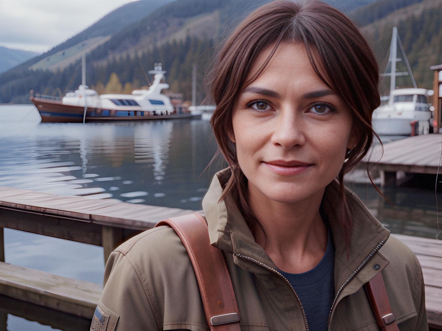 A stylish woman with brown hair stands on a wooden dock, exuding calm in a chic brown jacket. Boats and serene mountain lake complete the tranquil scene.