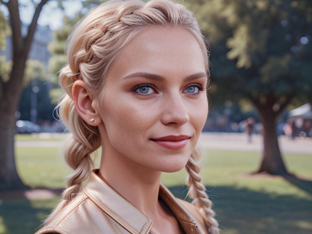 A stylish woman with long blonde braids and blue eyes stands in a sunlit park, wearing a beige jacket and chic Convertible Duffel. Ideal travel elegance.