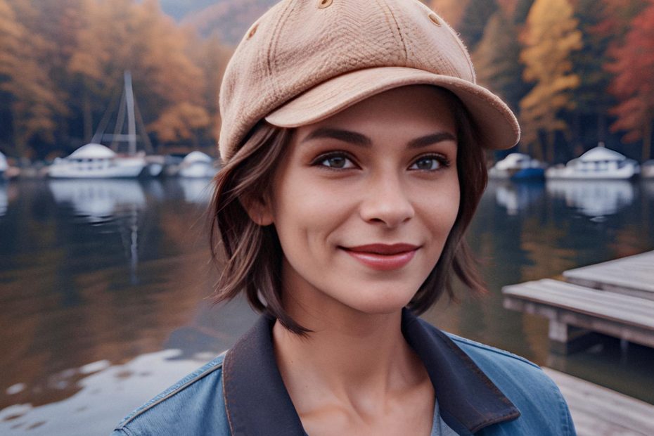 A woman with chic short brown hair beams at the camera, styled in a tan baseball cap and blue denim jacket, holding a sleek Samsonite duffel. The serene lake and autumn-hued forest backdrop complete this fall travel vibe.