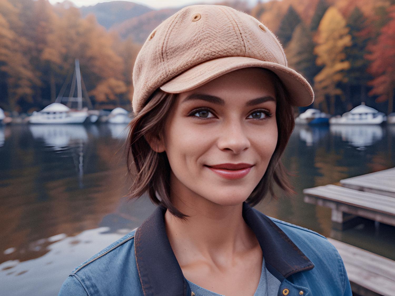 A woman with chic short brown hair beams at the camera, styled in a tan baseball cap and blue denim jacket, holding a sleek Samsonite duffel. The serene lake and autumn-hued forest backdrop complete this fall travel vibe.