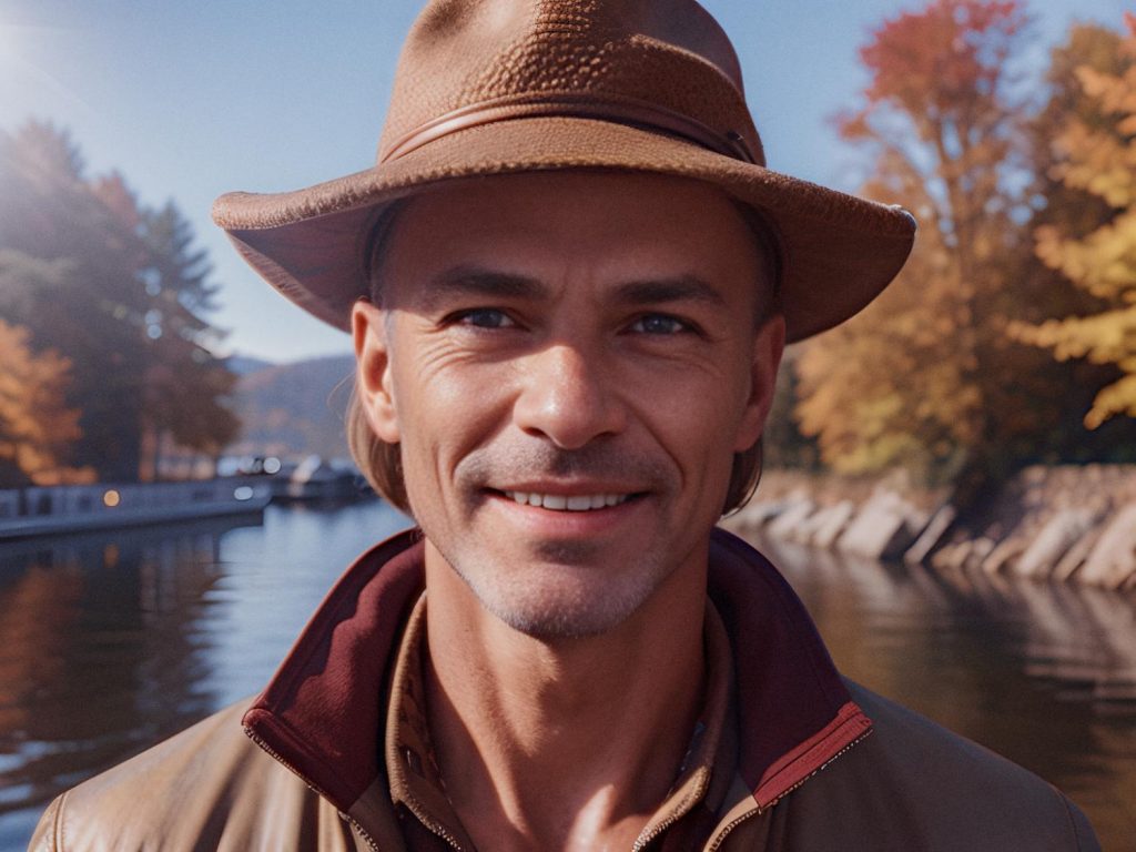 A smiling man in a stylish brown hat and jacket stands by a serene lake, framed by vibrant autumn trees. His Samsonite duffel bag rests at his feet, ready for new adventures.