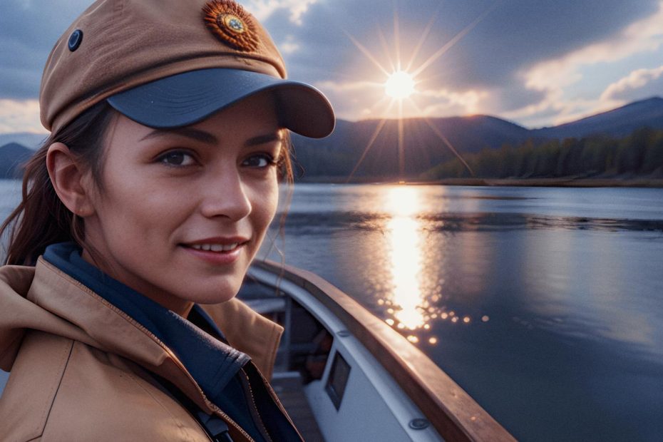 A person in a stylish tan hat and jacket beams on a boat at sunset, with mountains and a serene lake backdrop—capturing Incase Travel Pack vibes.