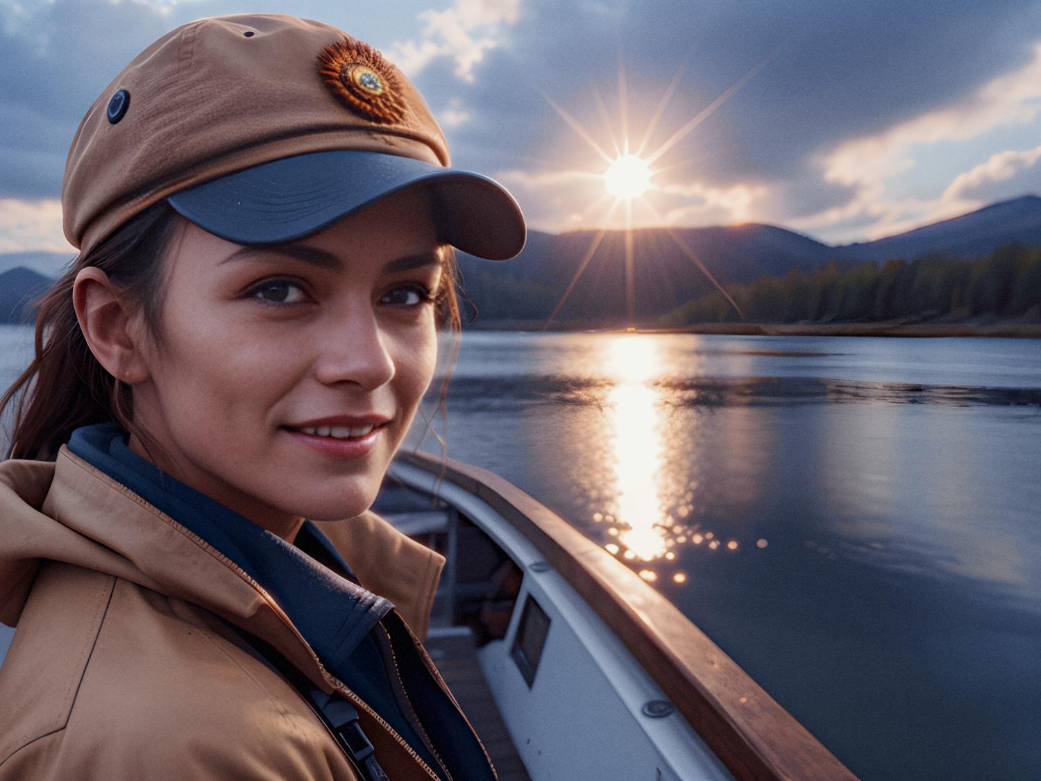 A person in a stylish tan hat and jacket beams on a boat at sunset, with mountains and a serene lake backdrop—capturing Incase Travel Pack vibes.