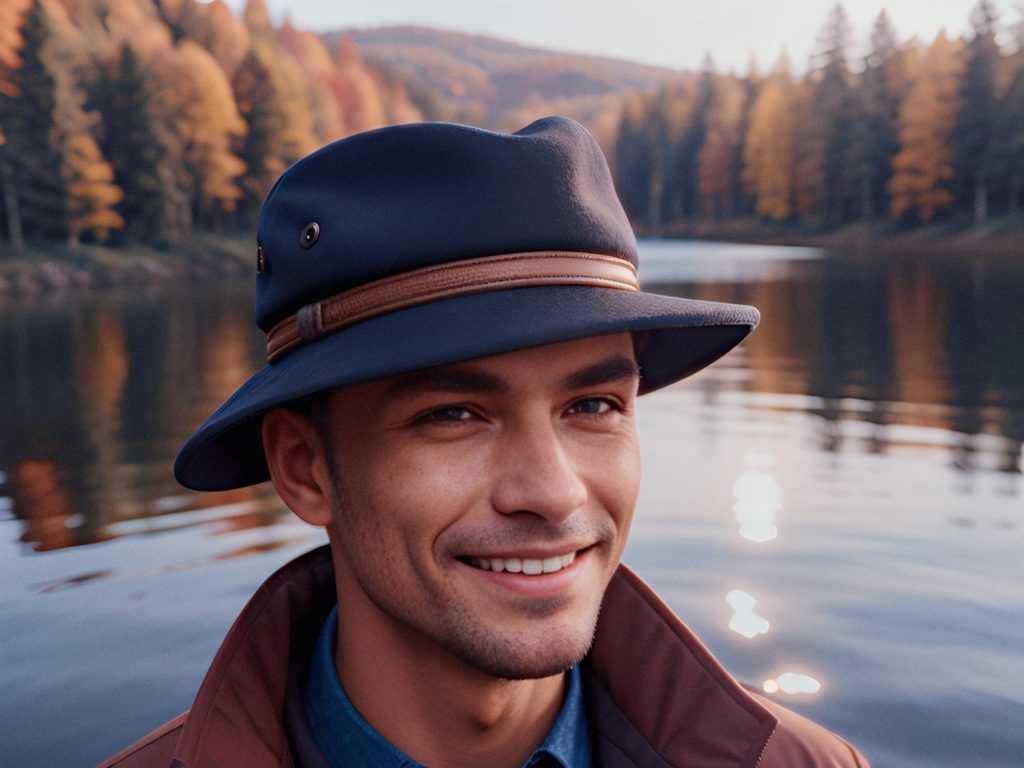 A stylish man in a brown jacket and dark blue hat stands by an autumn lake, hills under a pastel sky, with the chic Incase Travel Pack by his side.