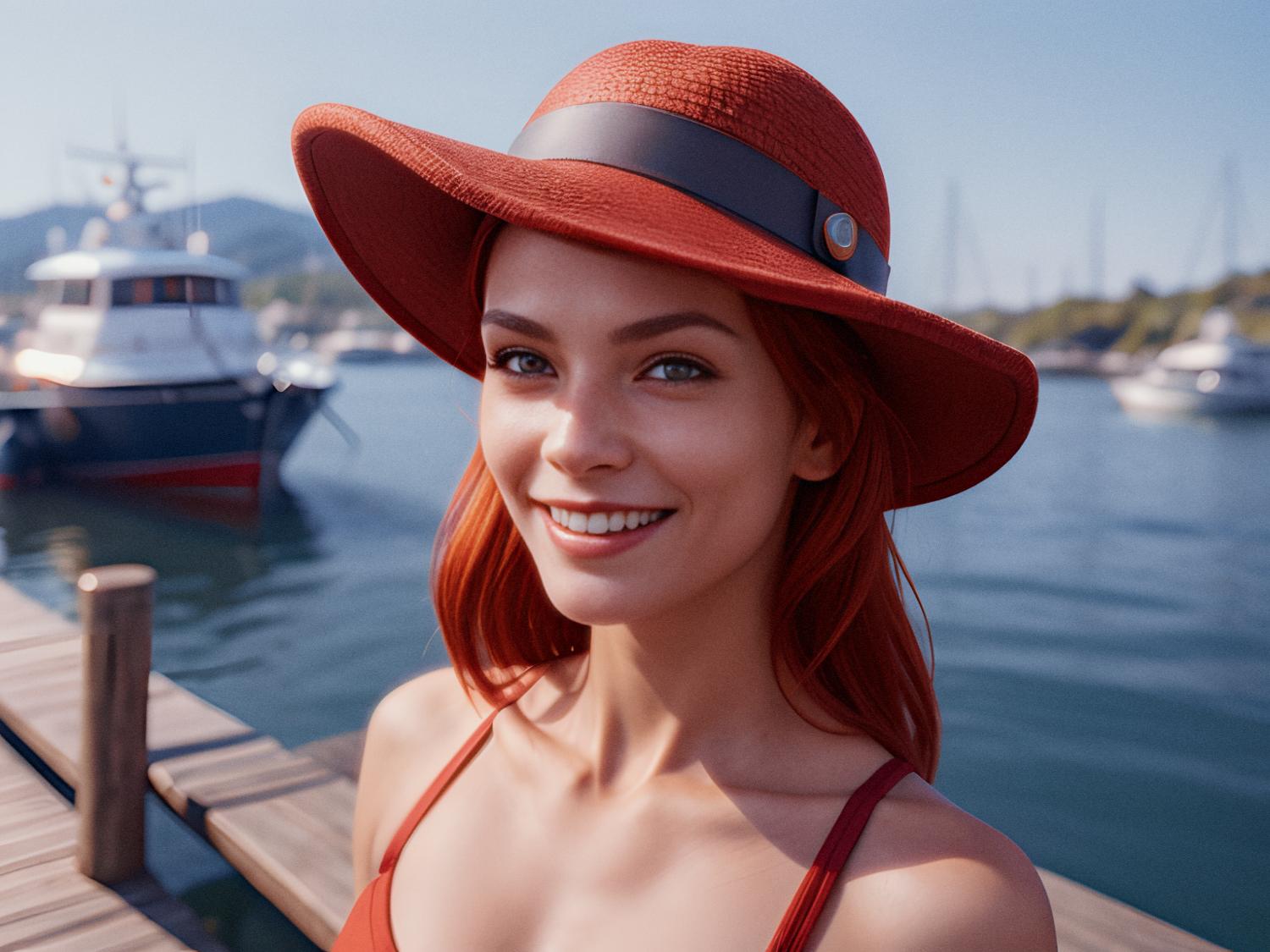 A woman with long red hair, radiant in a red hat and matching tank top, smiles on a dock. Behind her, boats and mountains frame the idyllic scene. Her Samsonite Encompass Convertible Backpack adds both style and functionality to her travel ensemble.