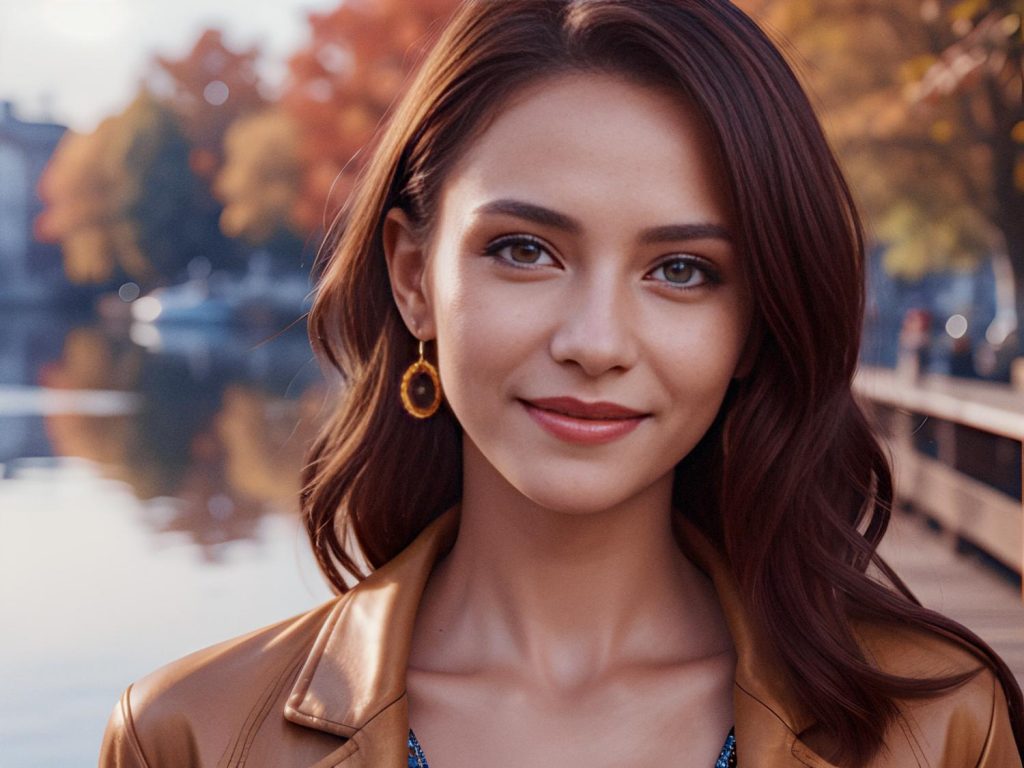A stylish woman with long brown hair and a warm smile stands outdoors by a serene lake, showcasing her Incase Travel Pack. Dressed in a chic brown jacket and gold earrings, she’s framed by vibrant autumn foliage. Perfect fall travel look!