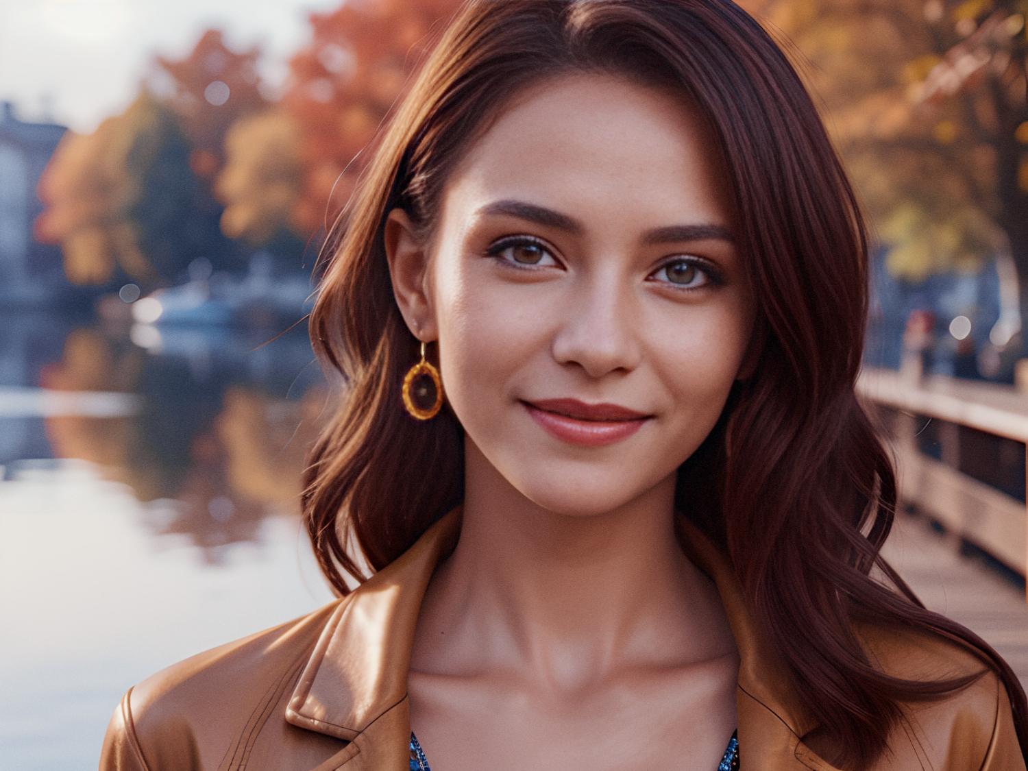 A stylish woman with long brown hair and a warm smile stands outdoors by a serene lake, showcasing her Incase Travel Pack. Dressed in a chic brown jacket and gold earrings, she’s framed by vibrant autumn foliage. Perfect fall travel look!