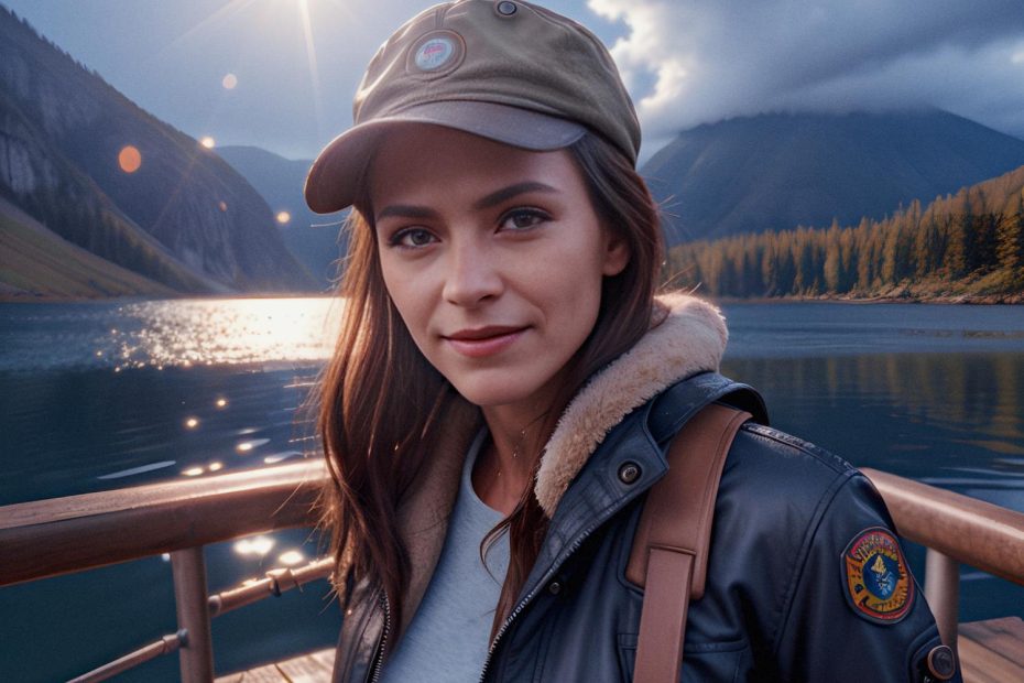 A stylish woman in a cap and leather jacket stands on a wooden pier by a serene lake, her Mobile Edge Deluxe Travel Duffel at her side. A picturesque mountain backdrop and sunlit reflections on the water add to the tranquility, as she smiles softly at the camera.