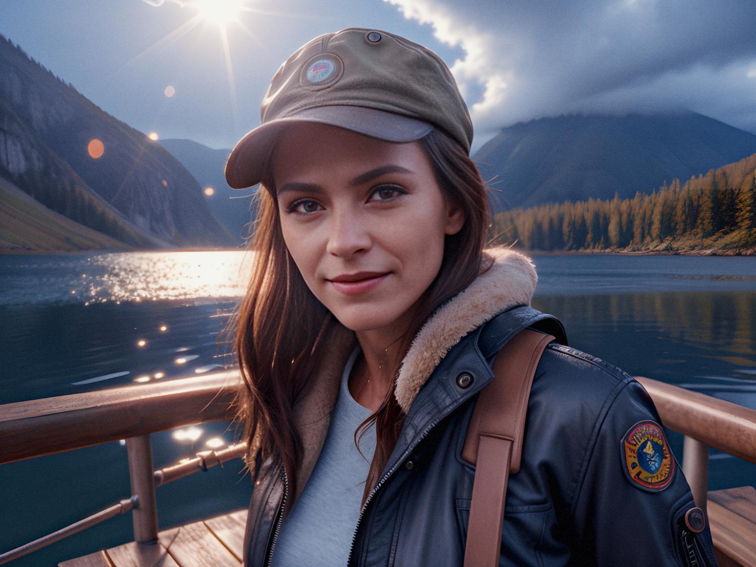 A stylish woman in a cap and leather jacket stands on a wooden pier by a serene lake, her Mobile Edge Deluxe Travel Duffel at her side. A picturesque mountain backdrop and sunlit reflections on the water add to the tranquility, as she smiles softly at the camera.