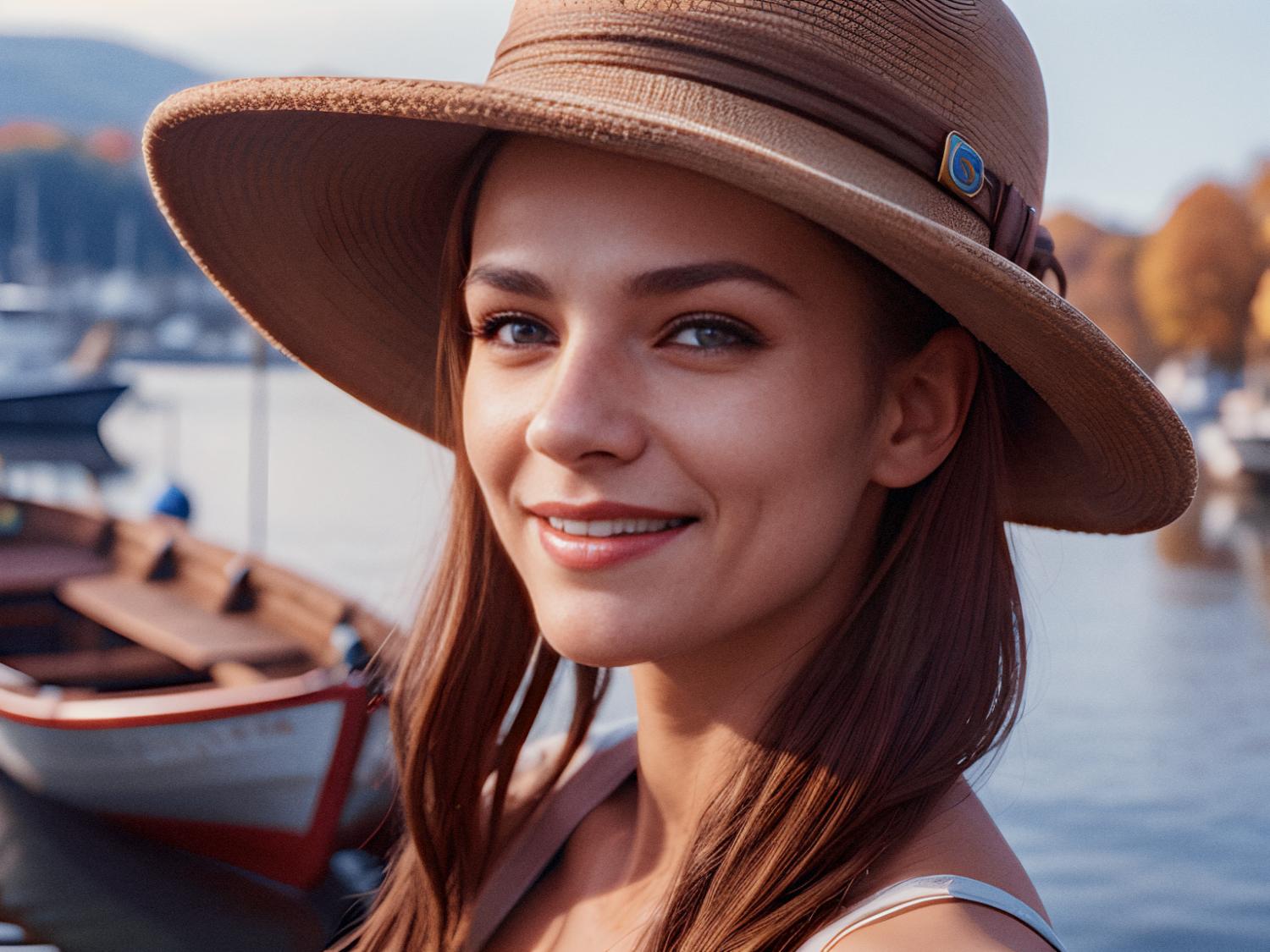 Close-up of a smiling woman in a stylish wide-brimmed hat with blue spiral detail, standing by autumn-kissed waters, Deluxe Travel Duffel at her side. Sunlight softly illuminates her face, exuding warmth and fashion-forward elegance.