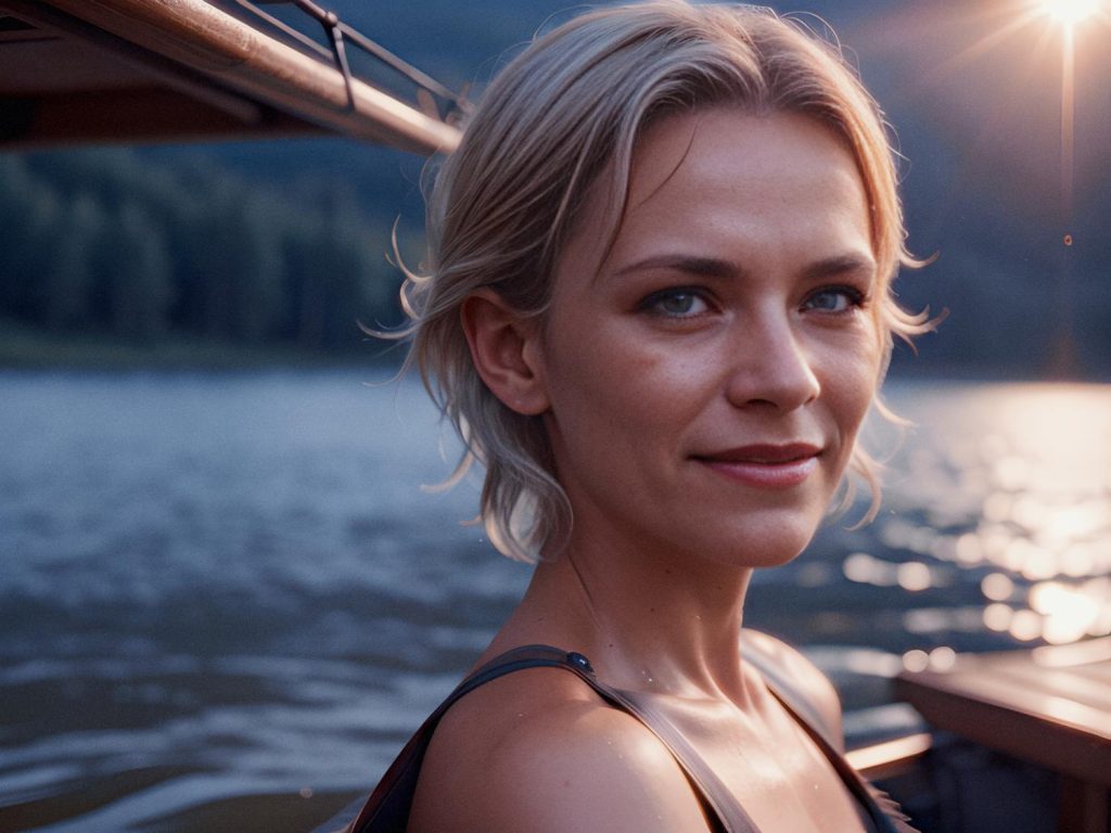 A serene blonde with short hair gazes at the camera from a boat. Warm sunset over a lake and forested hills sets a peaceful, stylish travel mood.