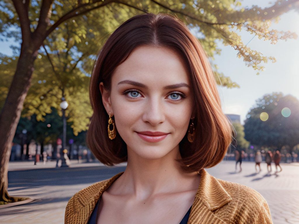 A woman with short brown hair and blue eyes radiates style in a mustard Heritage Collection jacket and gold earrings, set against a sunlit, 70s-inspired park.