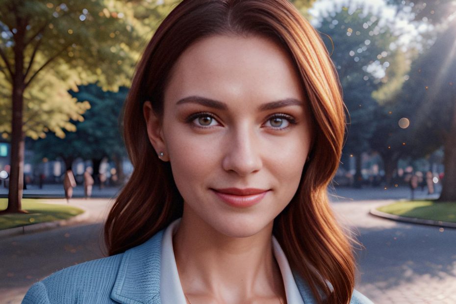A woman with shoulder-length brown hair glows in a light blue blazer from the 70s Heritage Collection. She stands on a sunlit, tree-lined street radiating timeless Fossil charm.