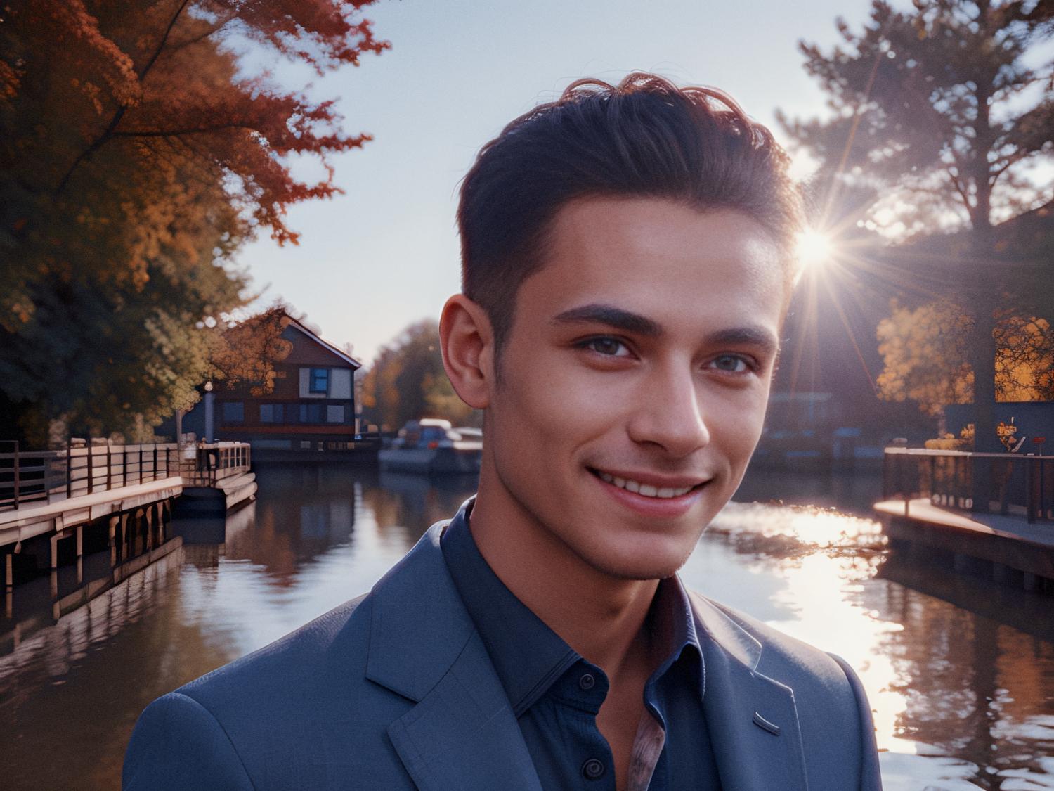 A young man with short, dark hair, wearing a light blue blazer and dark shirt from Fossil's Heritage Collection, exudes retro 70s charm by a serene waterway lined with autumn trees and sunset hues.