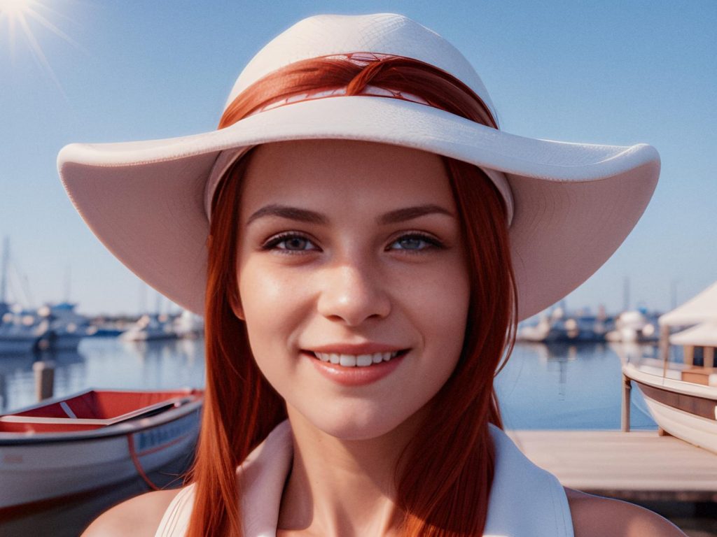 A vibrant young redhead beams in a chic wide-brimmed white hat from the Heritage Collection, framed by a sunny marina's picturesque boats and clear blue sky.