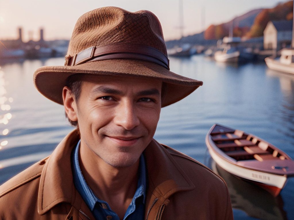 A person in a chic brown jacket and stylish hat from the Heritage Collection beams by serene waters, with boats and autumn hues evoking 70s vibes.