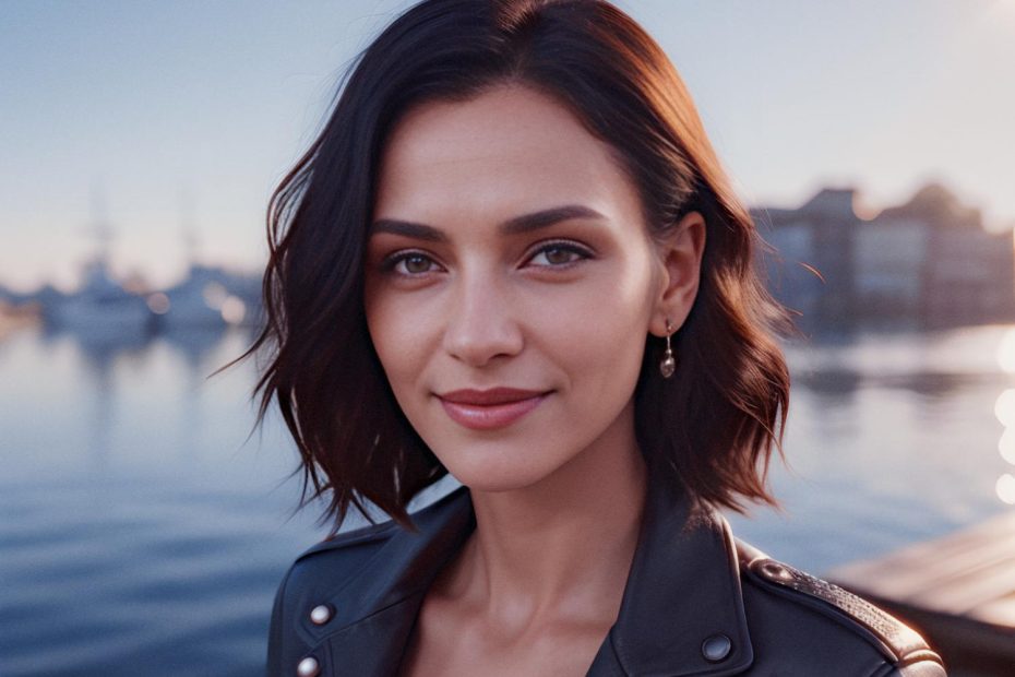 A woman with shoulder-length dark hair smiles subtly in a black leather jacket and small earrings. She stands by the water, stylishly carrying her sleek Mobile Edge tech gear organizer.