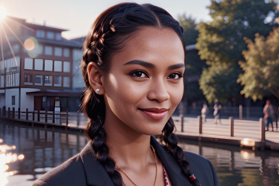 A fashion-forward woman with braided hair and a radiant smile showcases her Incase A.R.C. Travel Pack. She's styled in a chic dark blazer, gold necklace, and earrings, against a serene backdrop of trees and architecture by the water.