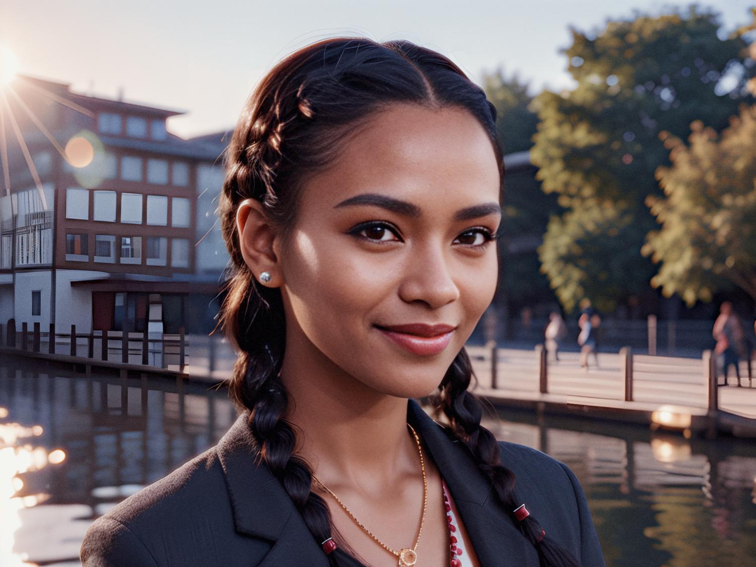 A fashion-forward woman with braided hair and a radiant smile showcases her Incase A.R.C. Travel Pack. She's styled in a chic dark blazer, gold necklace, and earrings, against a serene backdrop of trees and architecture by the water.