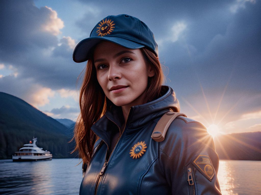 A stylish woman, in a blue jacket and matching cap with sun embroidery, stands by a serene lake at sunset, her SmartPack Backpack slung over one shoulder. A boat drifts on the water under a partly cloudy sky with mountains in the distance.