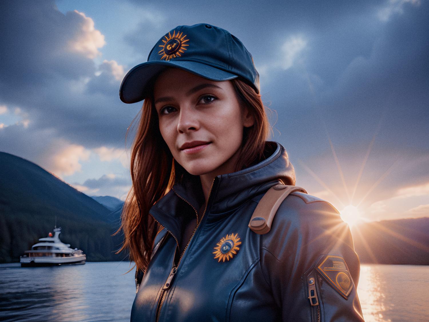 A stylish woman, in a blue jacket and matching cap with sun embroidery, stands by a serene lake at sunset, her SmartPack Backpack slung over one shoulder. A boat drifts on the water under a partly cloudy sky with mountains in the distance.
