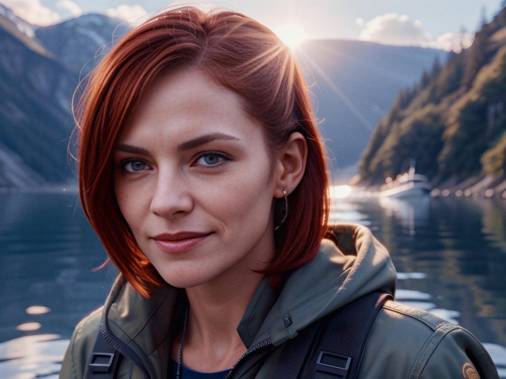 A woman with chic short red hair smiles by a serene mountain lake at sunset, sporting a green jacket and stylish Mobile Edge SmartPack Backpack.
