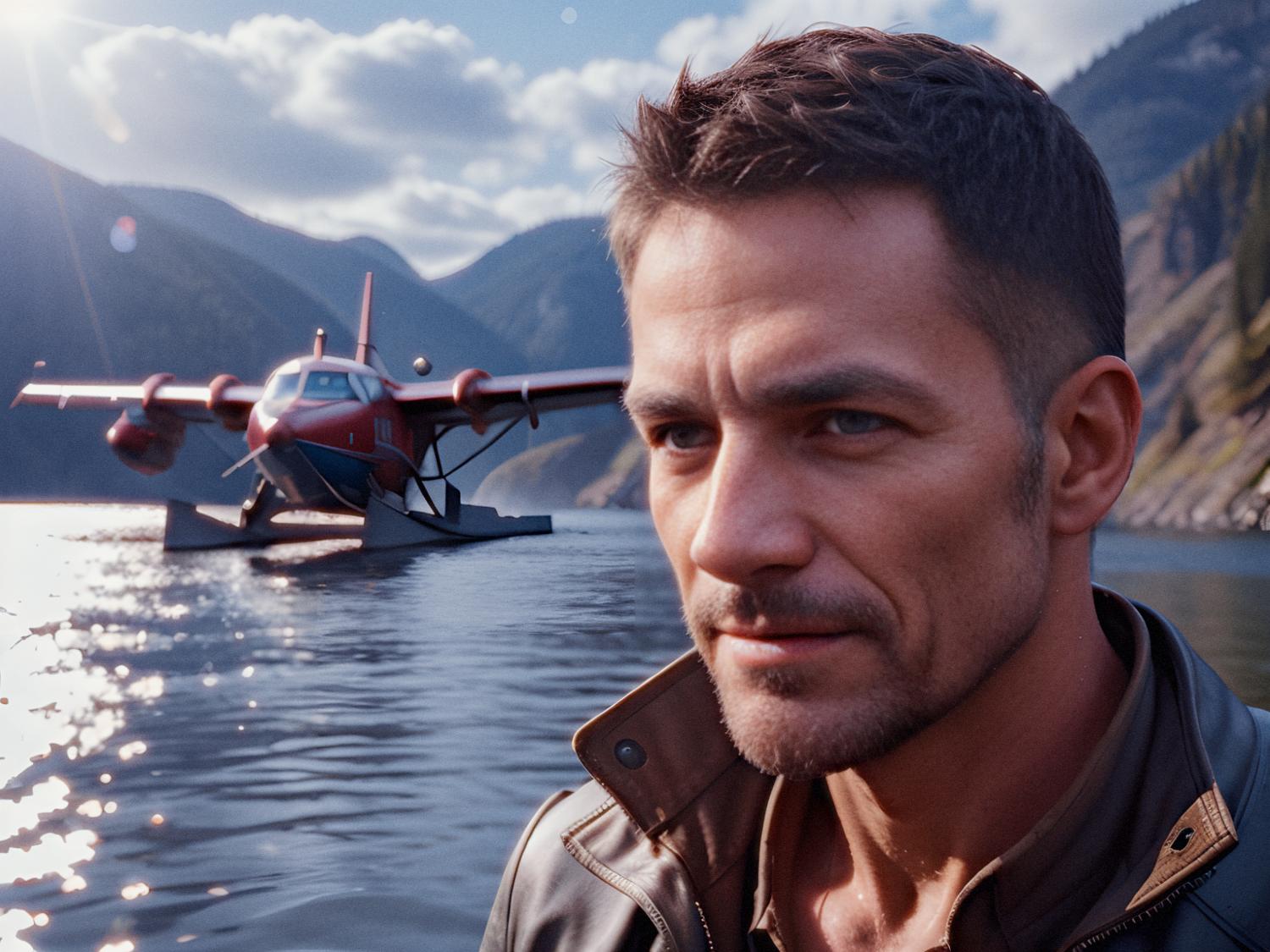 A stylish man with cropped hair and a serious gaze stands by a serene mountain lake, his sleek SmartPack Backpack effortlessly slinged over one shoulder. A vibrant red and white seaplane adds a touch of adventure in the background against lush, green hills and a partly cloudy sky.