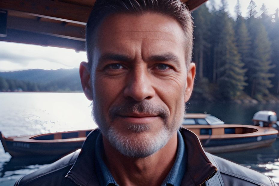 A middle-aged man with short salt-and-pepper hair and a trimmed beard stands stylishly by a serene lake. Donning a leather jacket and a knotted wild rag, he exudes rugged charm, framed by pine trees and boats beneath a cloudy sky.