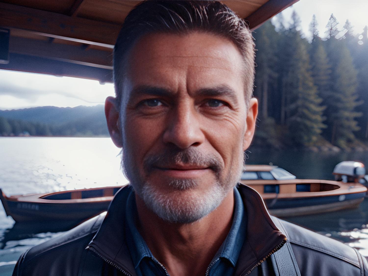 A middle-aged man with short salt-and-pepper hair and a trimmed beard stands stylishly by a serene lake. Donning a leather jacket and a knotted wild rag, he exudes rugged charm, framed by pine trees and boats beneath a cloudy sky.