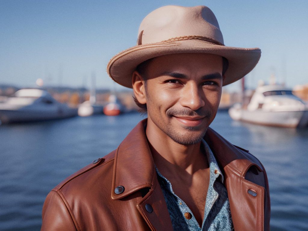 A joyful individual dons a light hat, brown leather jacket, and blue shirt by a serene marina. Effortlessly blending rugged style with nautical elegance.