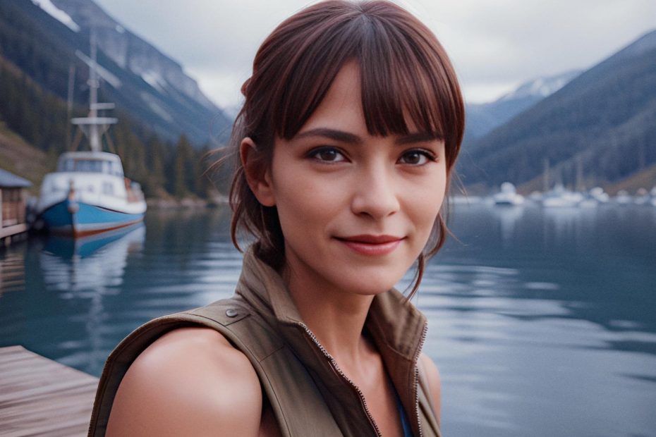 A woman with short brown hair and bangs stands on a wooden dock by a serene lake, styled in a green vest over a blue top. Her Osprey Arcane Wallet, matching the boats and snow-capped mountains beyond, adds a touch of chic sophistication to her casual elegance under the cloudy sky.