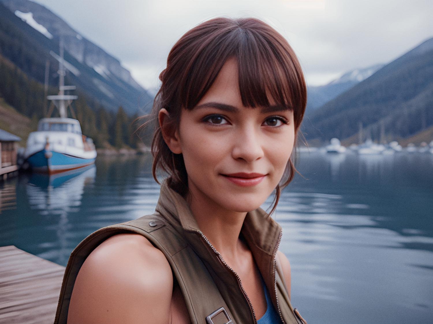 A woman with short brown hair and bangs stands on a wooden dock by a serene lake, styled in a green vest over a blue top. Her Osprey Arcane Wallet, matching the boats and snow-capped mountains beyond, adds a touch of chic sophistication to her casual elegance under the cloudy sky.