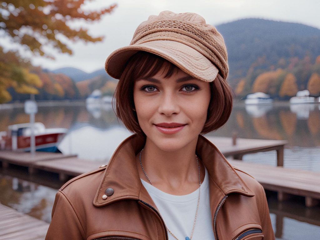 A woman with chic short brown hair in a beige cap and stylish brown leather jacket, holding an Osprey Arcane Wallet, stands by an autumn lake.