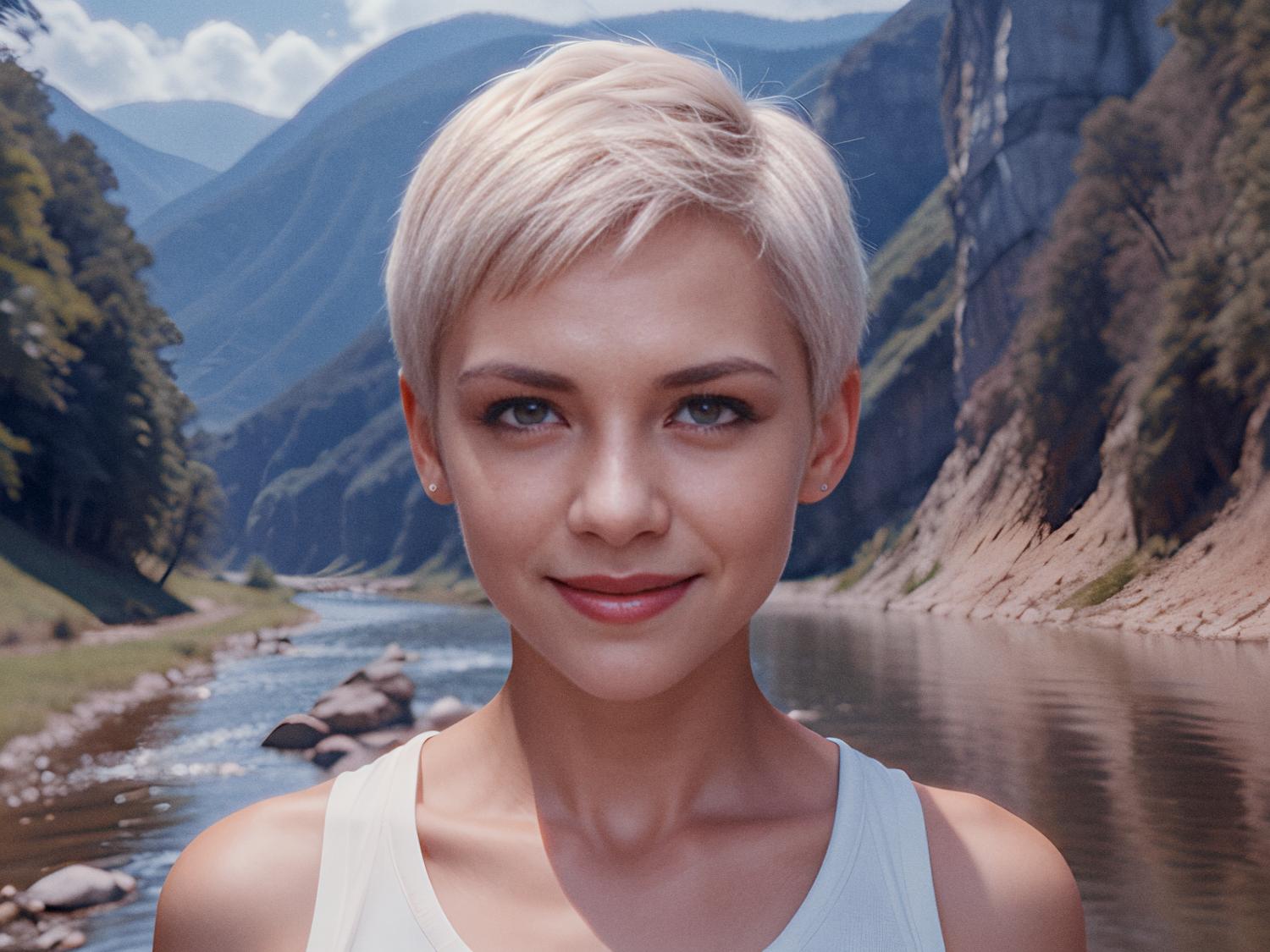 A stylish young woman with short blonde hair grins by a tranquil river, framed by mountains and greenery. "Elevate Your Lifestyle" with Osprey Arcane Wallets.