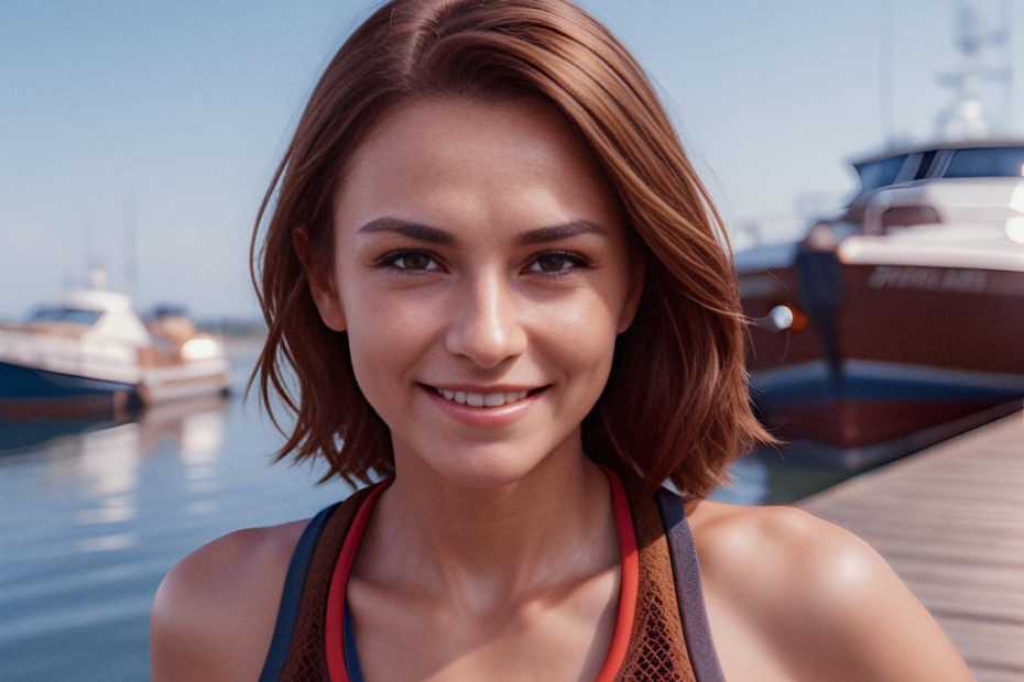 A young trendsetter with chic short brown hair beams at the camera near a marina, flaunting a sporty top from the Wellness Edition. Boats and sunny skies set the perfect backdrop for fitness and activewear vibes.