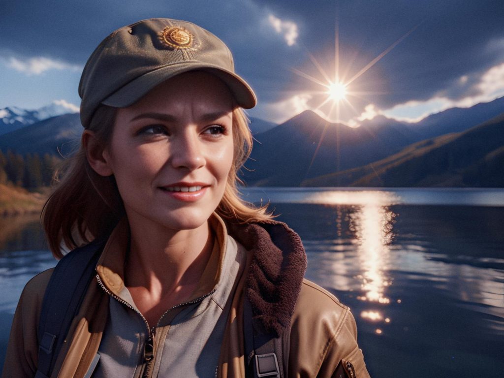A person beams under a cap adorned with a sun emblem, standing before a golden-lit lake and mountains. A Gen 6 Hybrid watch showcases their fit, stylish vibe. #OutdoorChic
