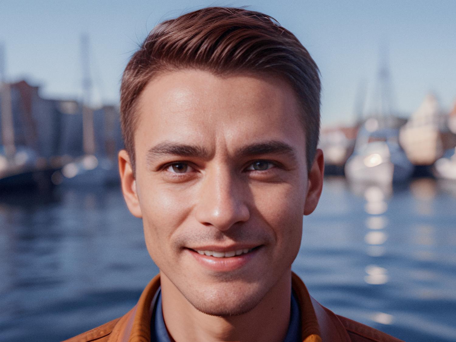 A young man with short brown hair and a stylish light brown jacket, perfect for travel enthusiasts, smiles confidently. A serene marina with boats glistens under a clear blue sky in the background.