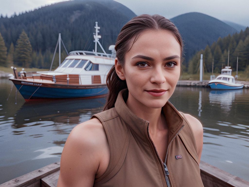 A dark-haired woman stands on a dock, wearing a brown vest that exudes Gen 6 Hybrid style. Behind her, boats float on calm waters against forested hills and an overcast sky.