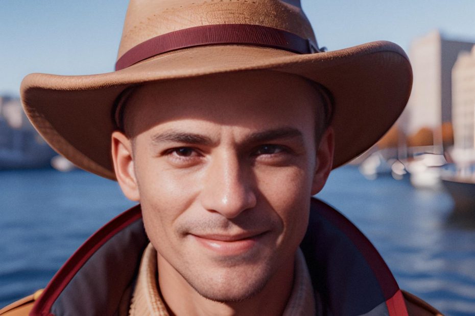 A stylish individual sporting a trendy tan cowboy hat and brown jacket beams at the camera while showcasing a chic Samsonite wheeled backpack by the waterfront.