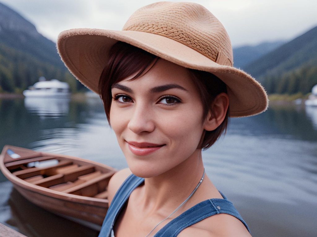 Young woman radiates joy in a tan hat and blue tank top by a serene lake, her stylish Samsonite wheeled backpack ready for adventure.