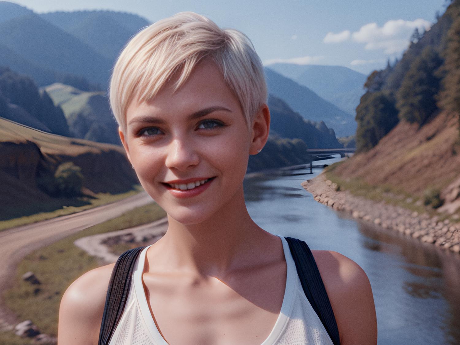 A stylish young woman with a chic, short blonde hairstyle beams at the camera while rocking a white top and trendy Samsonite wheeled backpack. She stands amidst lush green hills and a winding river, framed by majestic mountains under an expansive blue sky.