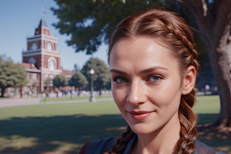A young woman with chic braided hair and a stylish Arcane Waist Pack stands on greenery. The red-brick building and clock tower hint at a college campus. Clear, sunny skies enhance the scene’s vibrant, trendy vibe.