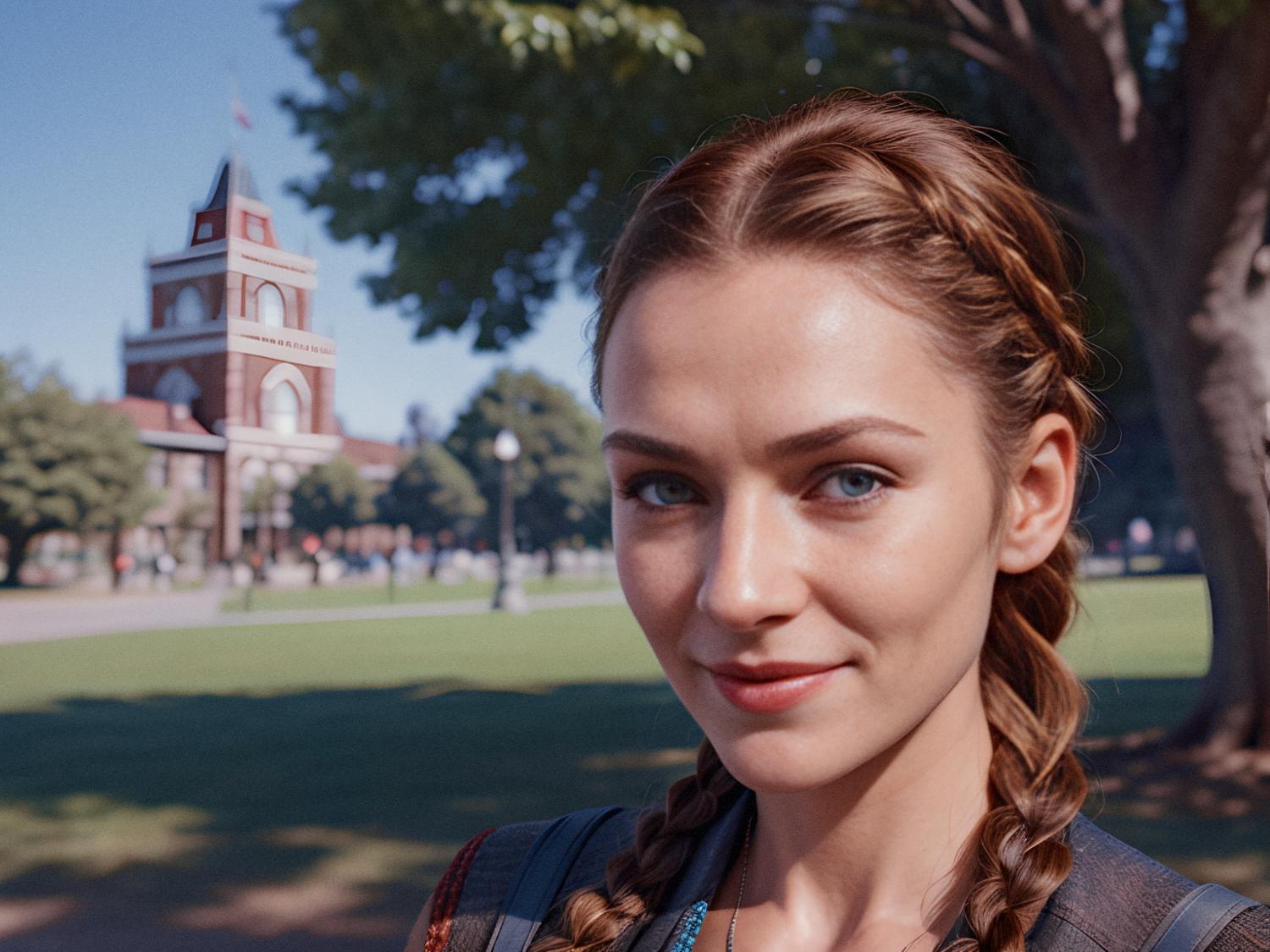 A young woman with chic braided hair and a stylish Arcane Waist Pack stands on greenery. The red-brick building and clock tower hint at a college campus. Clear, sunny skies enhance the scene’s vibrant, trendy vibe.