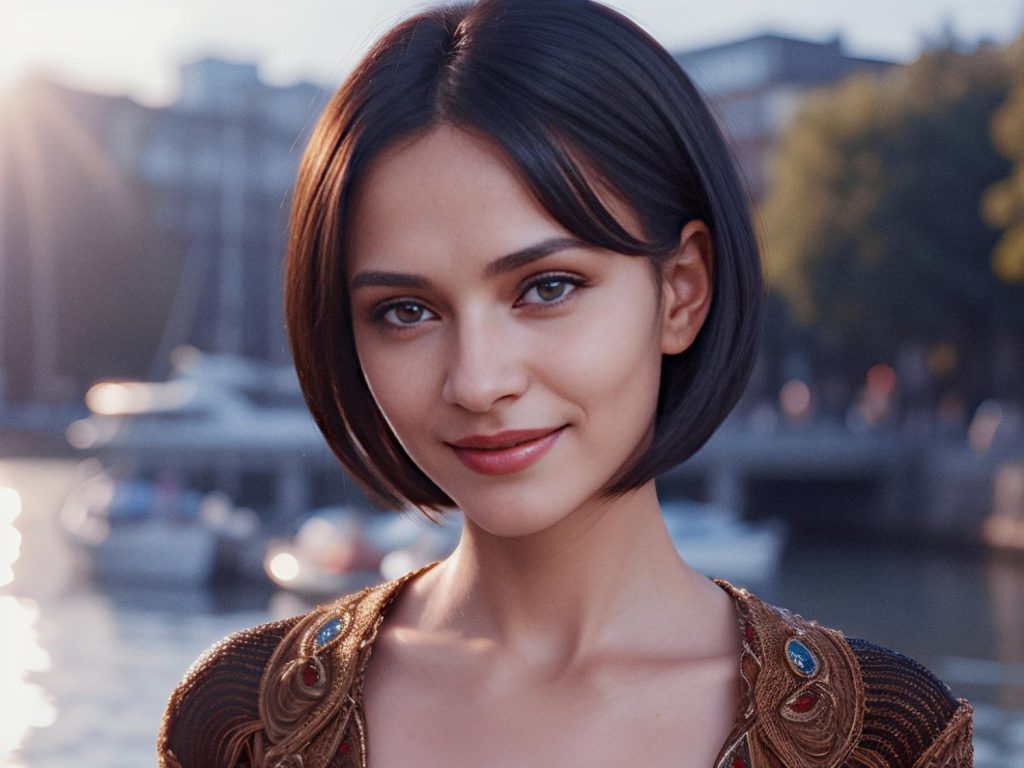 A woman with chic short dark hair beams softly by a waterfront, her ornate top complemented by an Arcane Waist Pack. Sunlight enhances the trendy urban vibe.