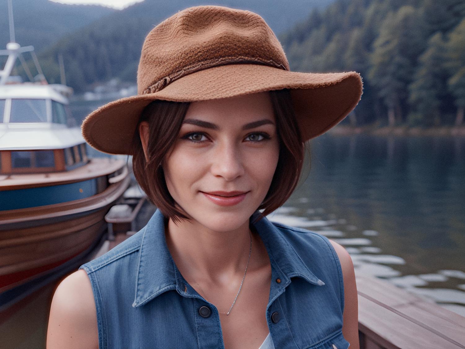 A woman exudes rustic charm in a brown hat, denim vest, and an Osprey Packs Arcane Waist Pack. She stands on a tranquil lakeside dock, pine trees and mountains adding to the serene backdrop.